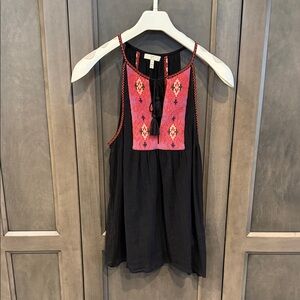 Joie Black Top with Red and Pink Embroidery